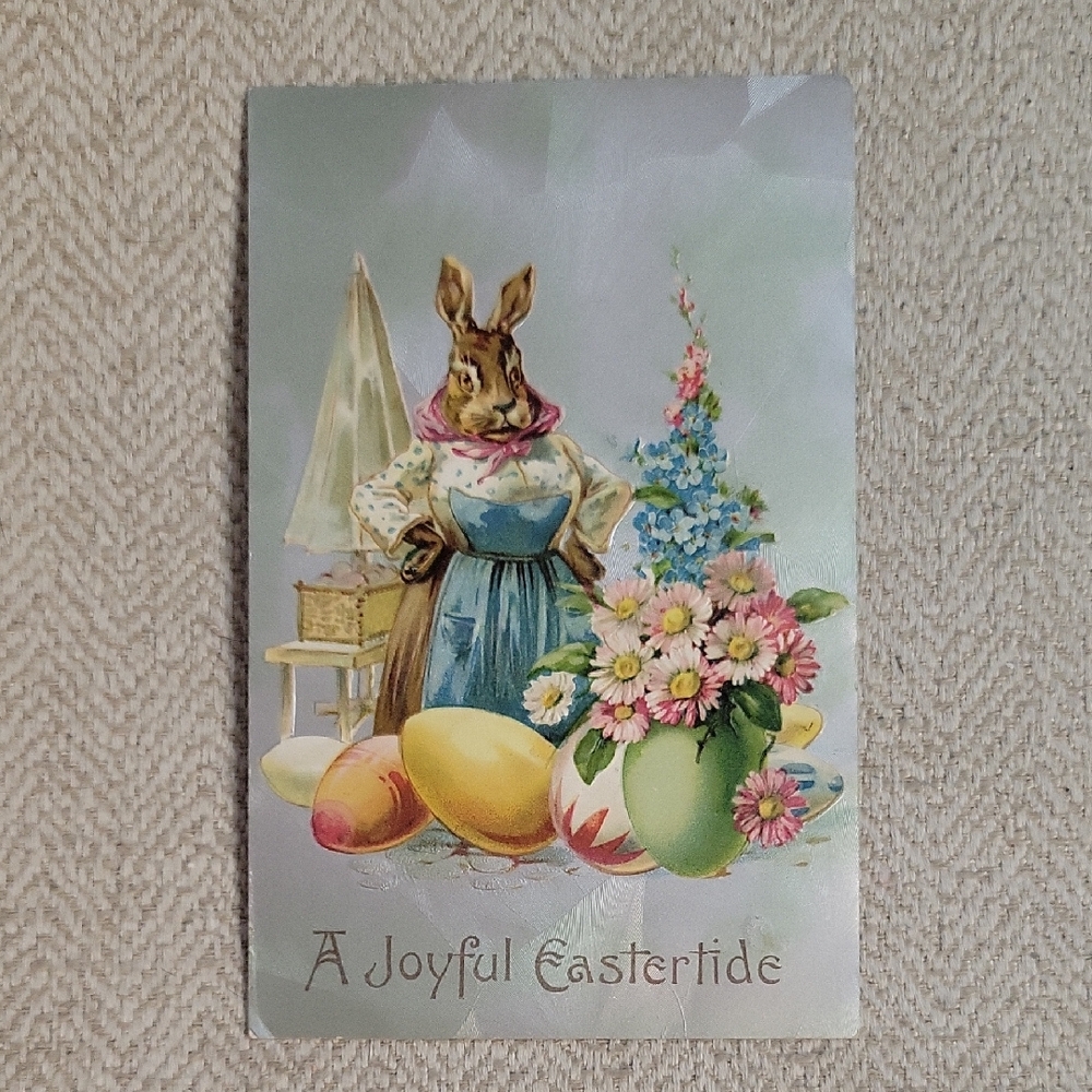 Vintage Easter Card with Mother Bunny and Colorful Eggs And Flowers